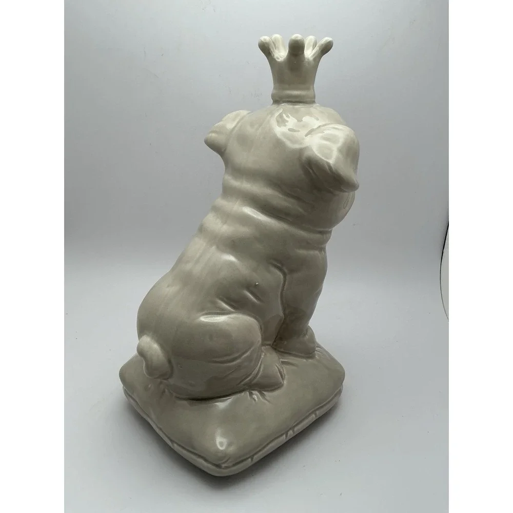 Ceramic British Bulldog with Crown Sitting On A Cushion, Glossy,‎ Light Gray
